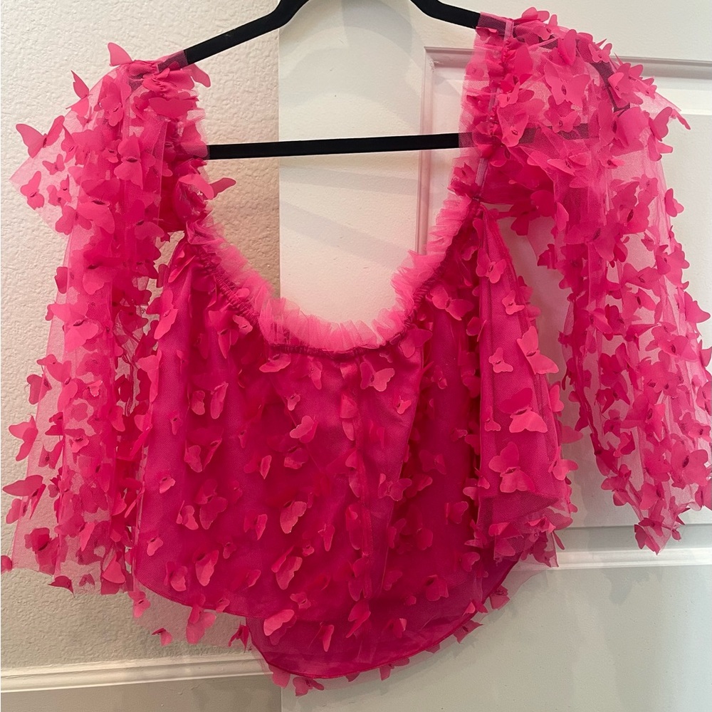 Hot pink butterfly off the shoulder top